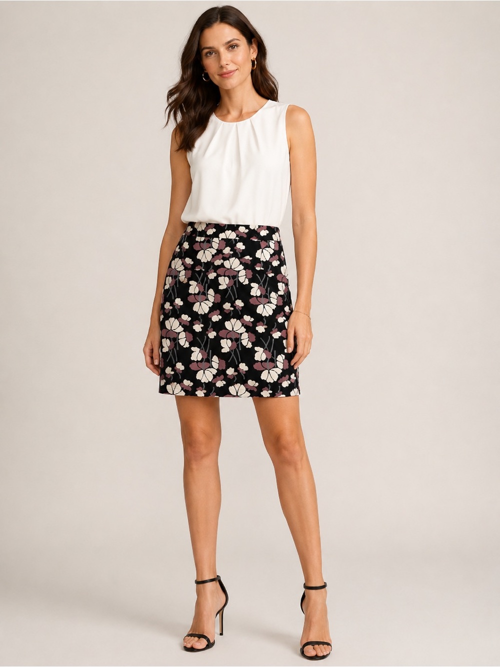 Ann Taylor Black Floral Pencil Skirt with Pink and Cream Blooms